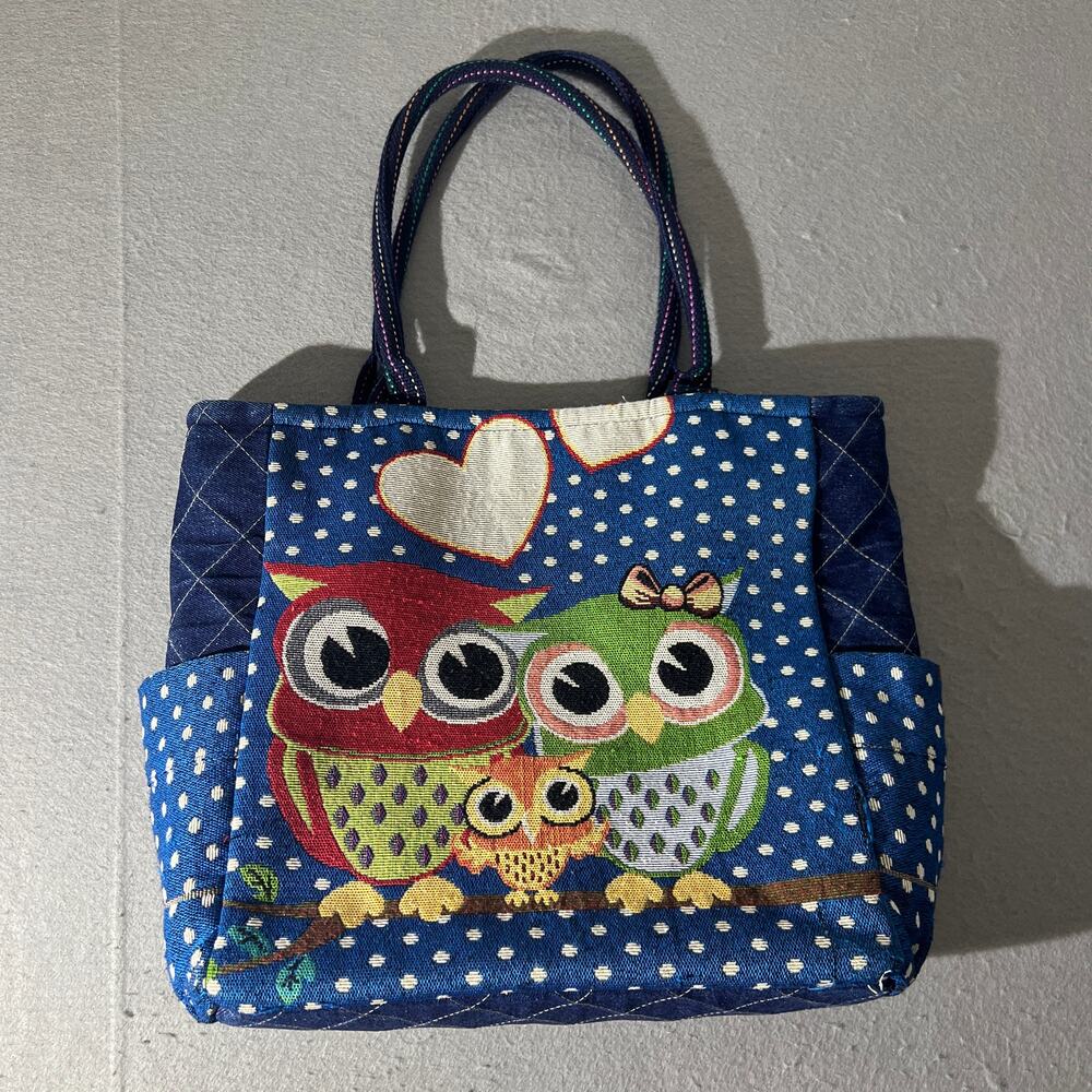 Korean Style Owl Tote Bag Blue Quilted Polka Dot Handbag - Picture 2 of 16
